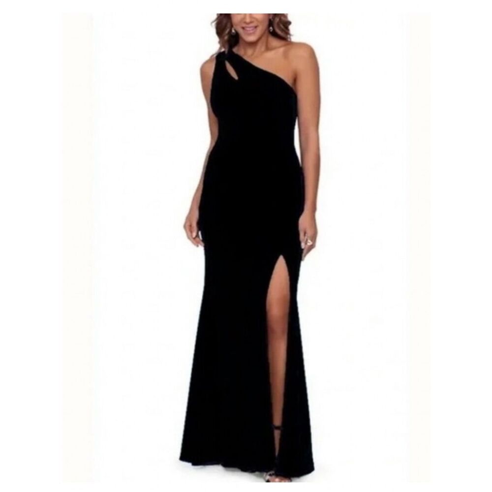 Xscape Black One-Shoulder Cut Out Side Slit Gown black